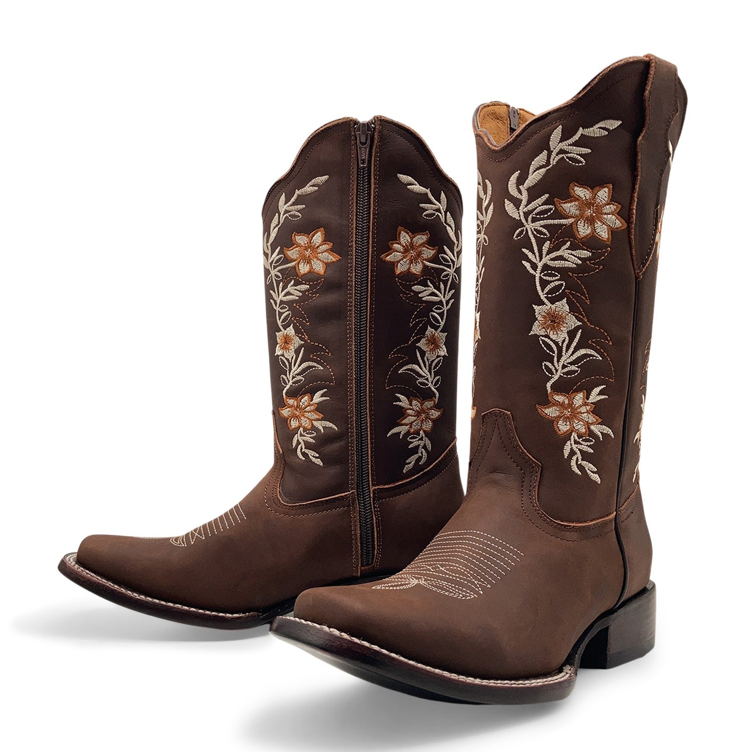 Women’s Western Cowgirl Boots – Leather Mid-Calf Square Toe Boots, Side Zipper Closure and Floral Embroidery