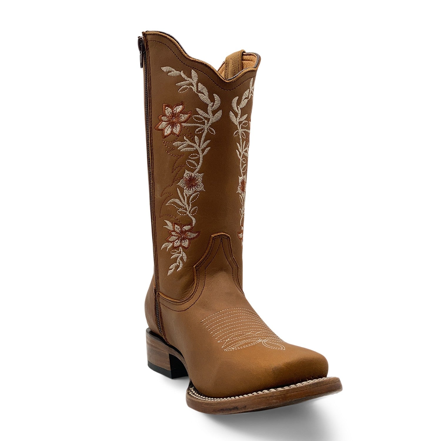 Women’s Western Cowgirl Boots – Leather Mid-Calf Square Toe Boots, Side Zipper Closure and Floral Embroidery