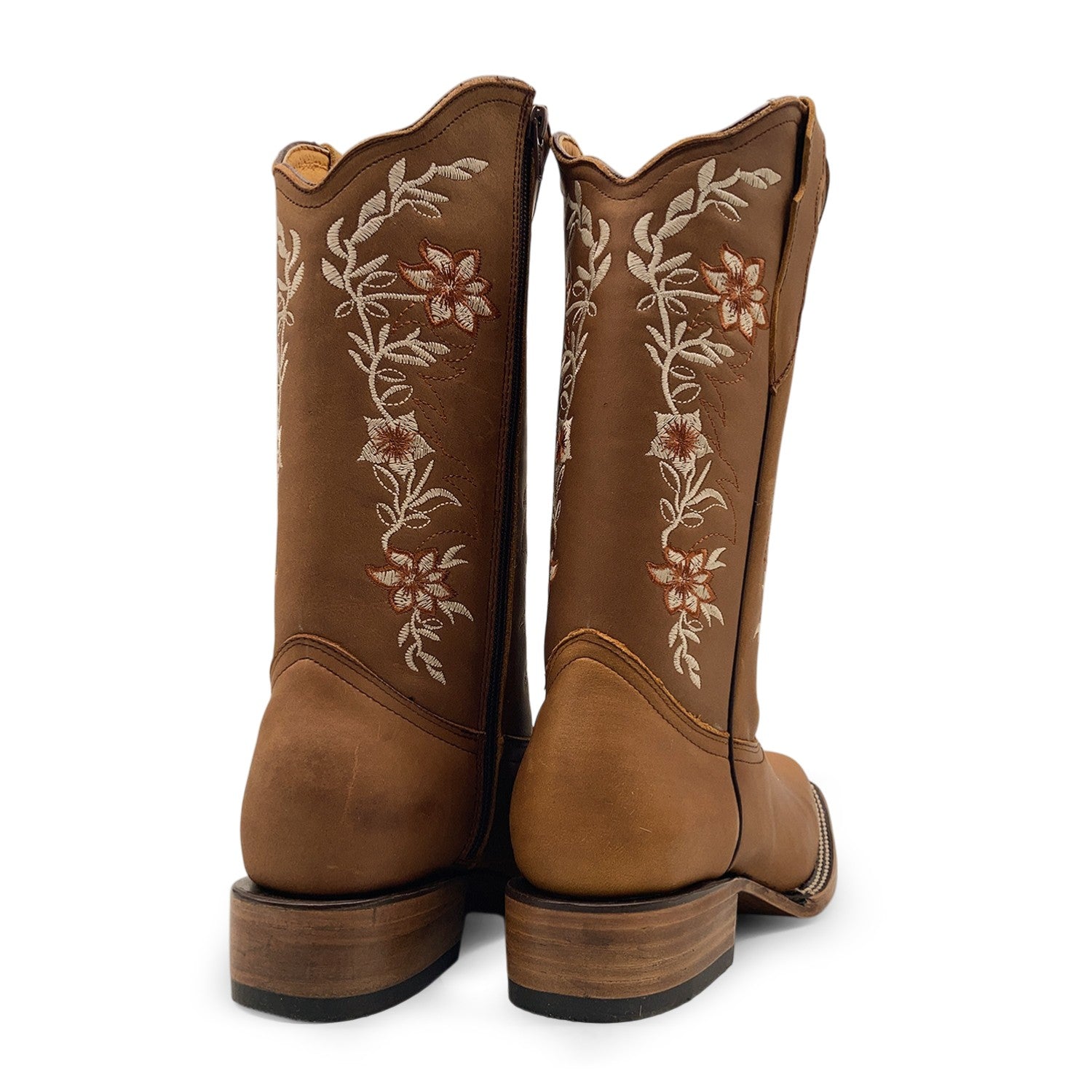Women’s Western Cowgirl Boots – Leather Mid-Calf Square Toe Boots, Side Zipper Closure and Floral Embroidery