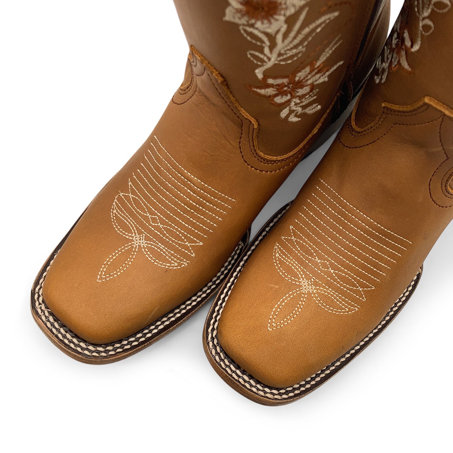 Women’s Western Cowgirl Boots – Leather Mid-Calf Square Toe Boots, Side Zipper Closure and Floral Embroidery