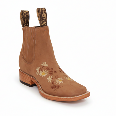 Brown Chelsea boot with floral embroidery on a white background