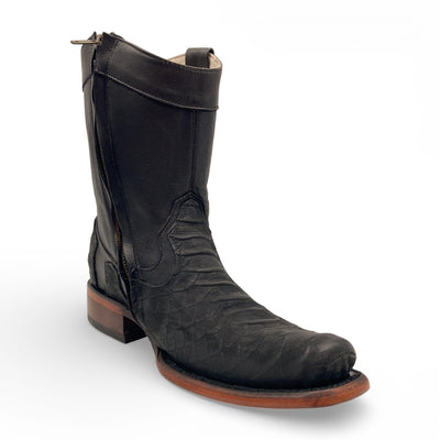 Men's Leather Mid-Calf Boots, Square Toe with Python Print, Full Side Zipper, Leather Sole