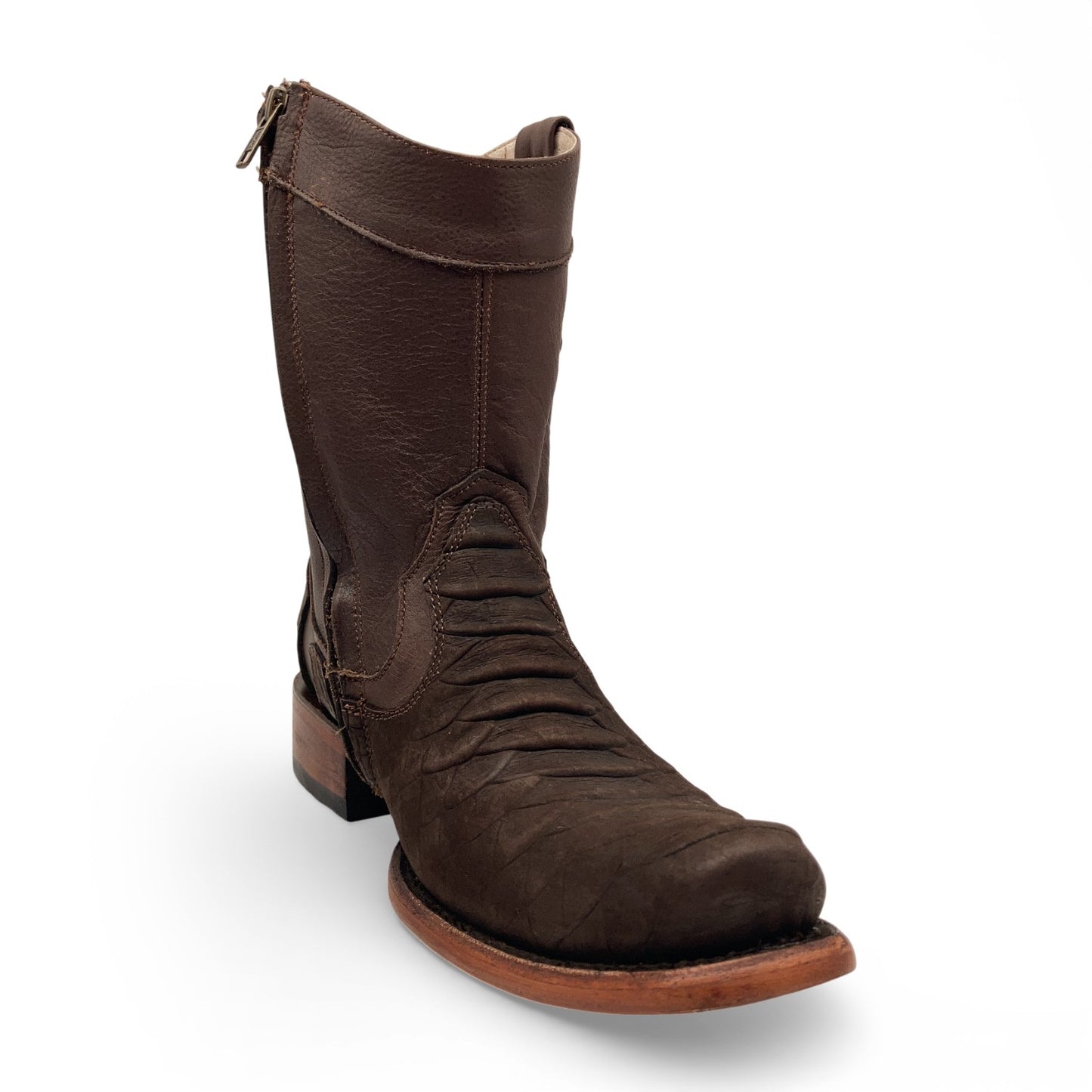 Men's Leather Mid-Calf Boots, Square Toe with Python Print, Full Side Zipper, Leather Sole