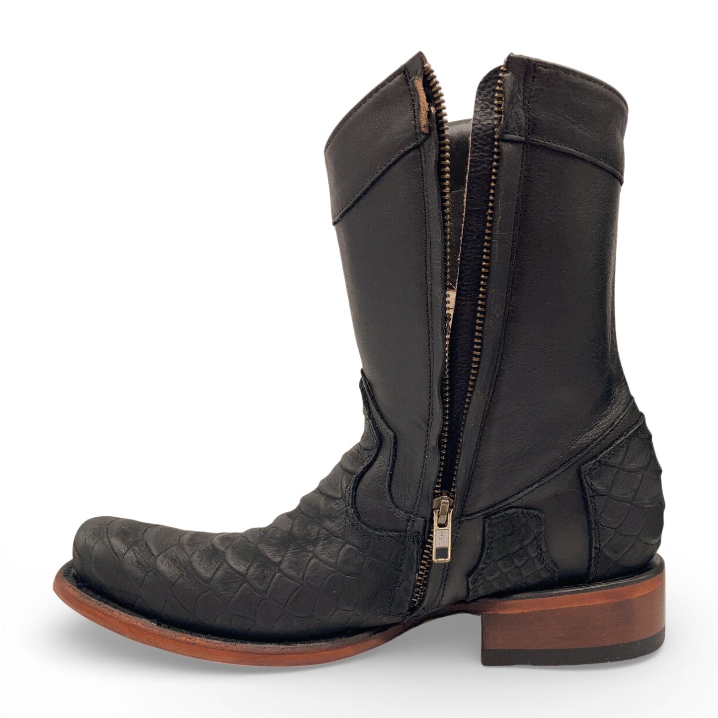 Men's Leather Mid-Calf Boots, Square Toe with Python Print, Full Side Zipper, Leather Sole