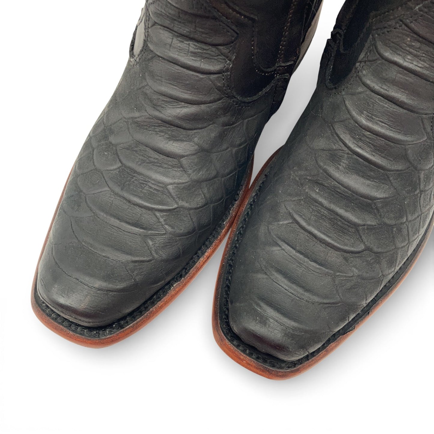 Men's Leather Mid-Calf Boots, Square Toe with Python Print, Full Side Zipper, Leather Sole