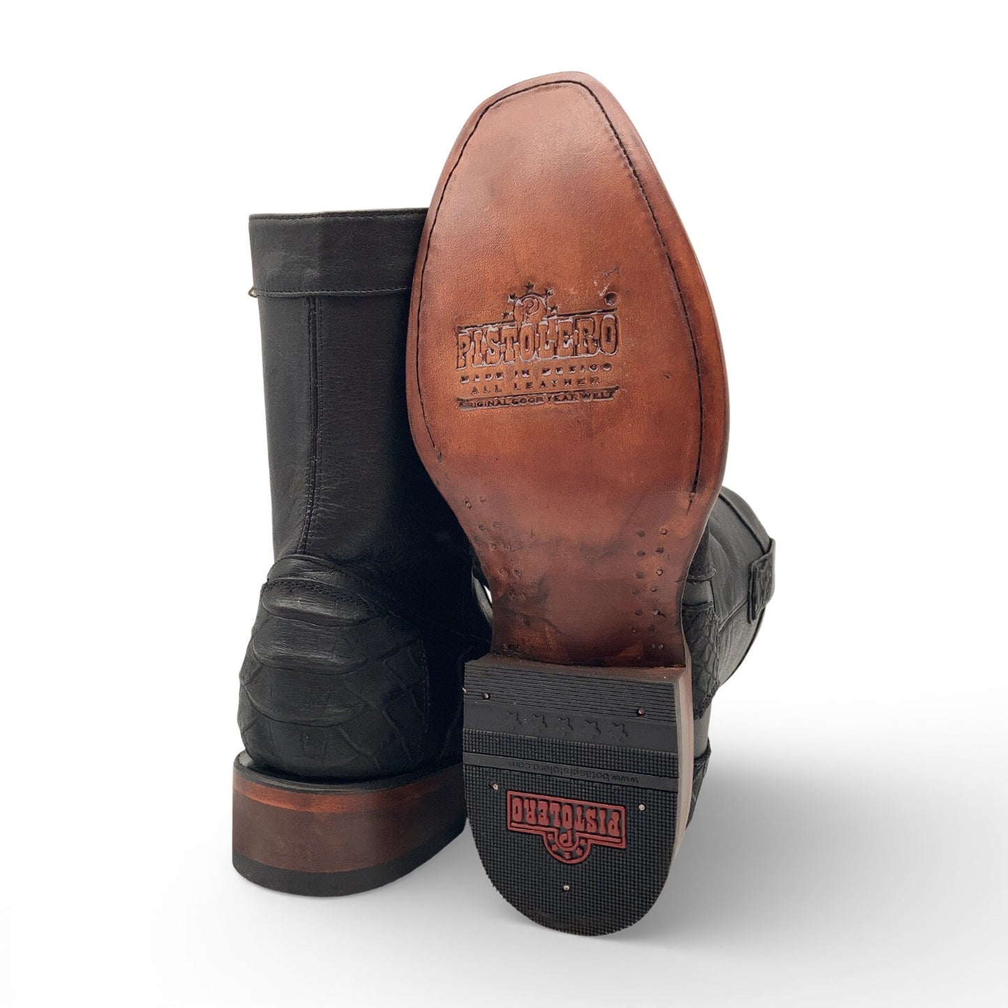 Men's Leather Mid-Calf Boots, Square Toe with Python Print, Full Side Zipper, Leather Sole