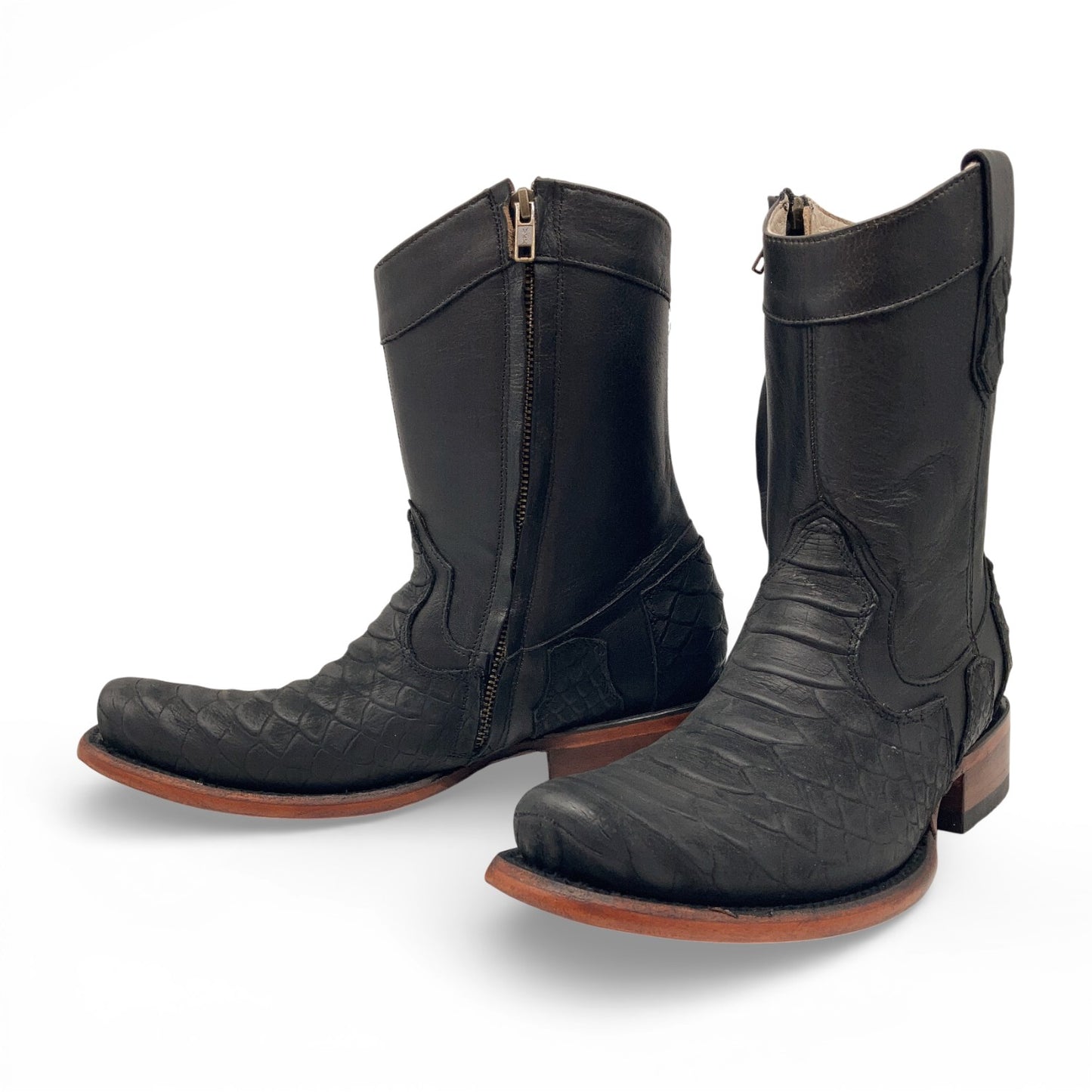 Men's Leather Mid-Calf Boots, Square Toe with Python Print, Full Side Zipper, Leather Sole