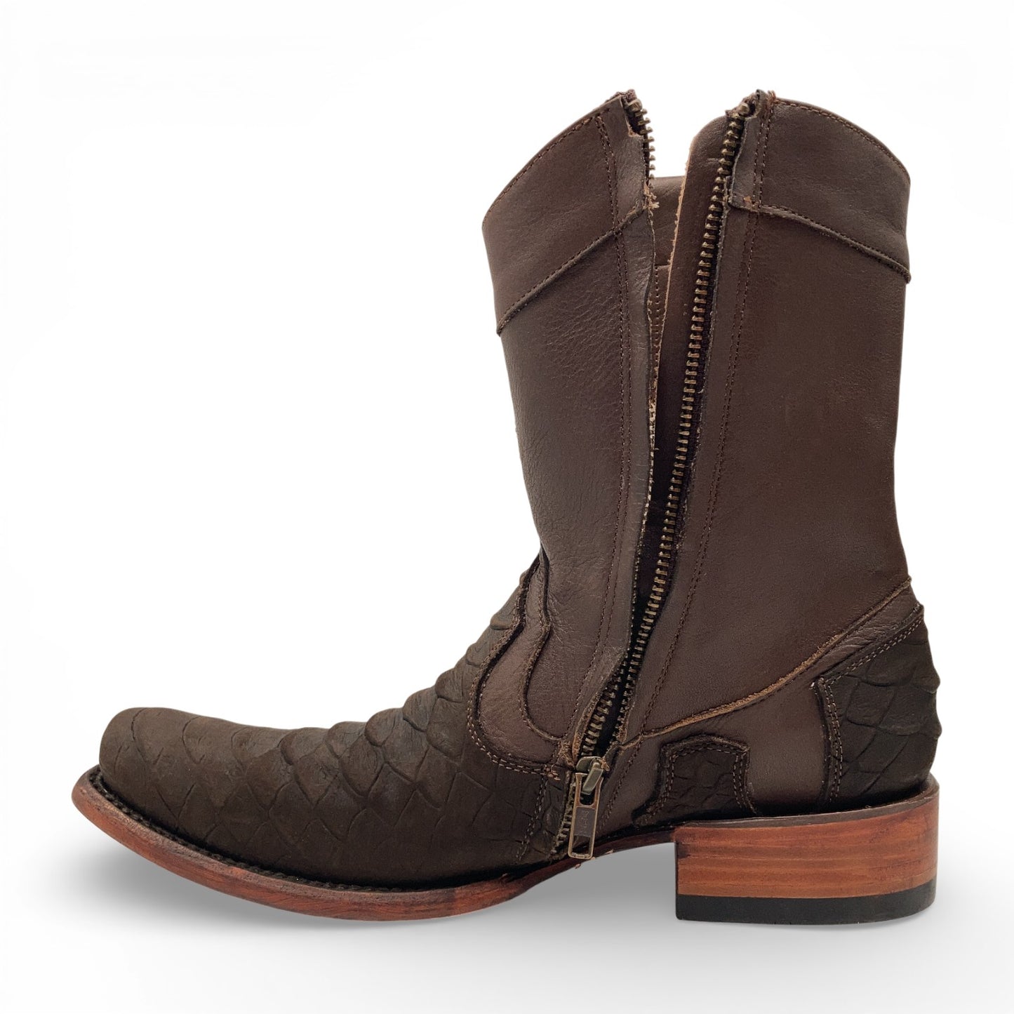 Men's Leather Mid-Calf Boots, Square Toe with Python Print, Full Side Zipper, Leather Sole