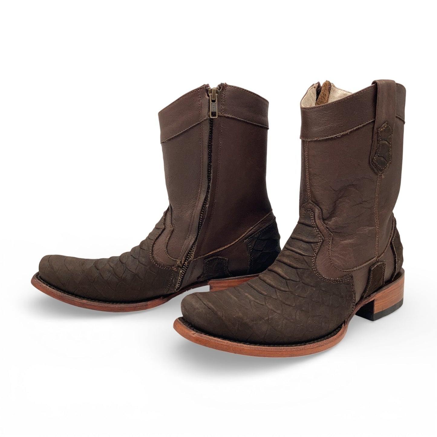 Men's Leather Mid-Calf Boots, Square Toe with Python Print, Full Side Zipper, Leather Sole