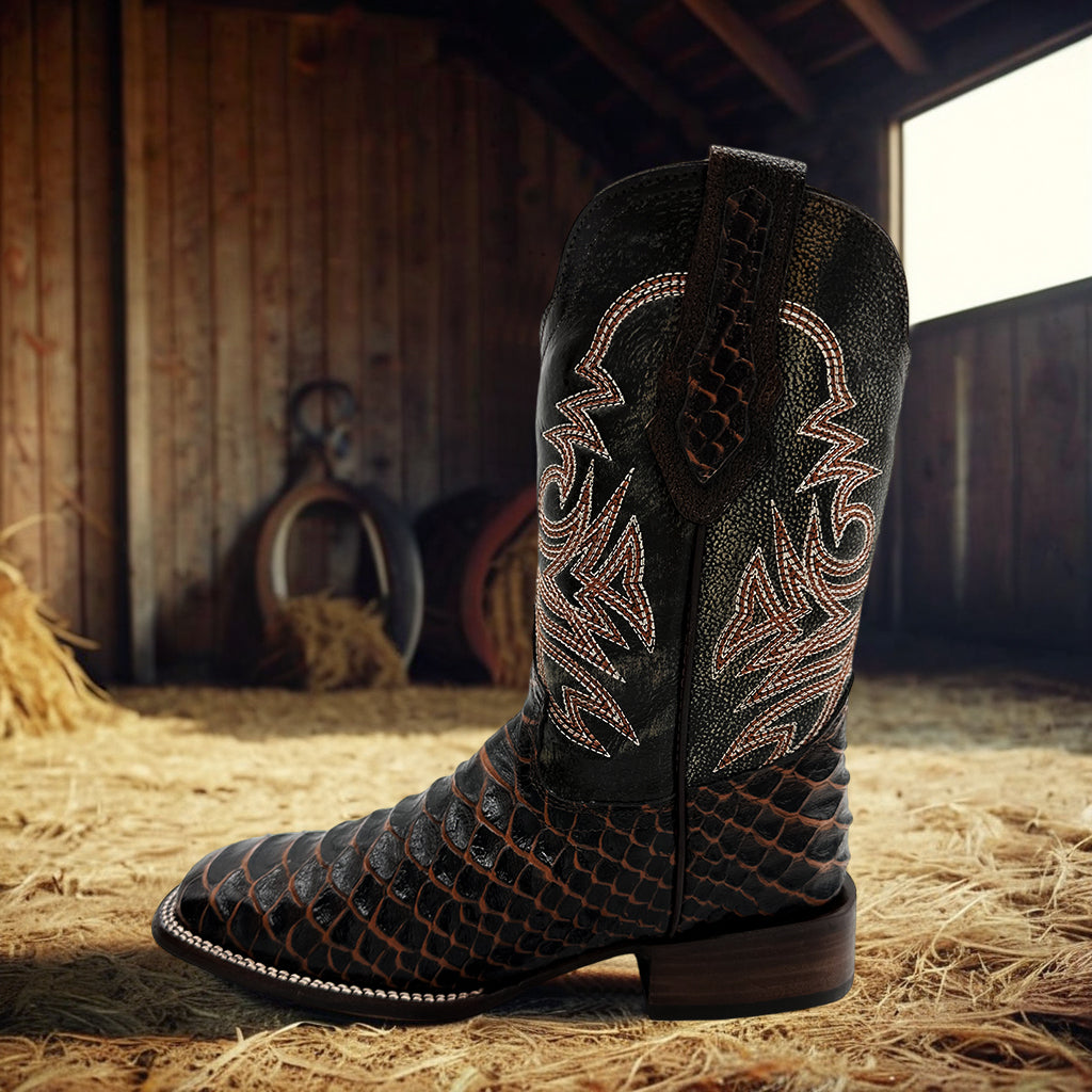 Men's Leather Exotic Python Print Square Toe Cowboy Boot