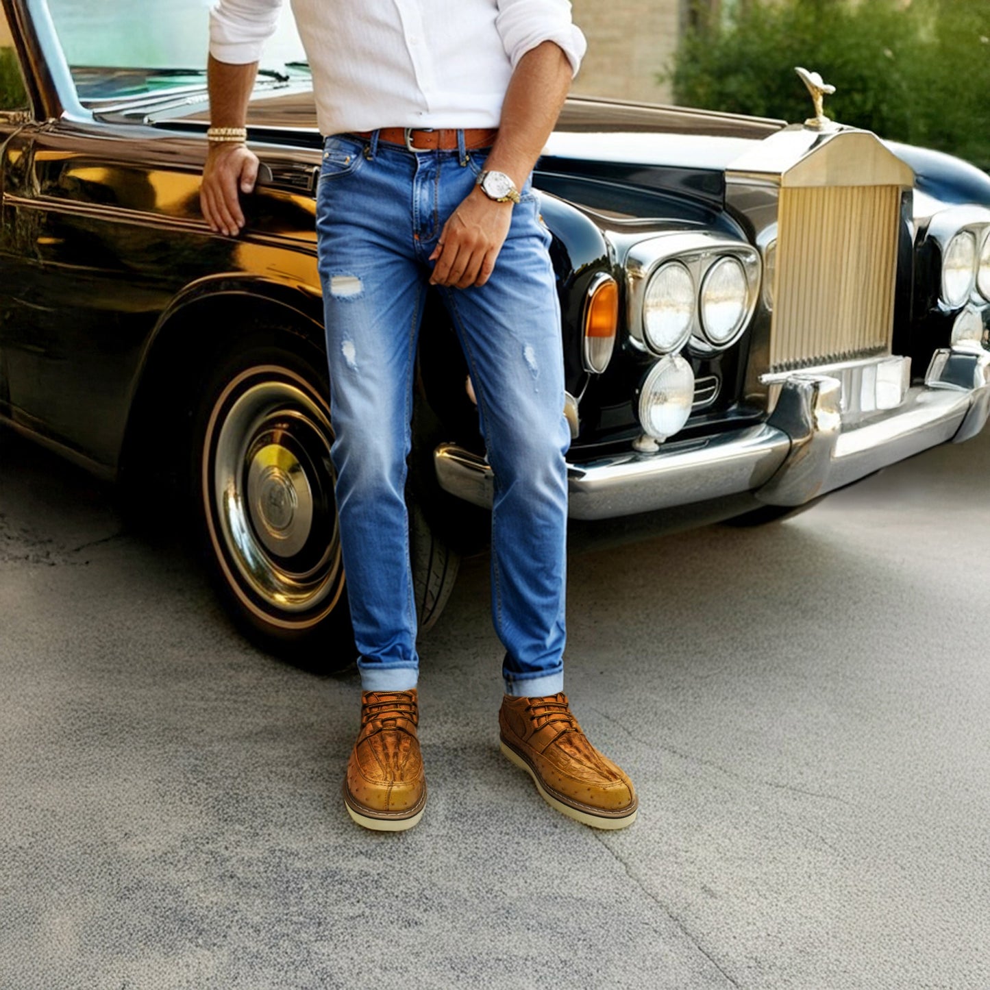 Men's Embossed Crocodile Ostrich Print Leather Lace Up Shoe