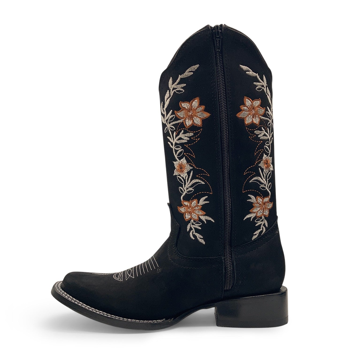 Women’s Western Cowgirl Boots – Leather Mid-Calf Square Toe Boots, Side Zipper Closure and Floral Embroidery