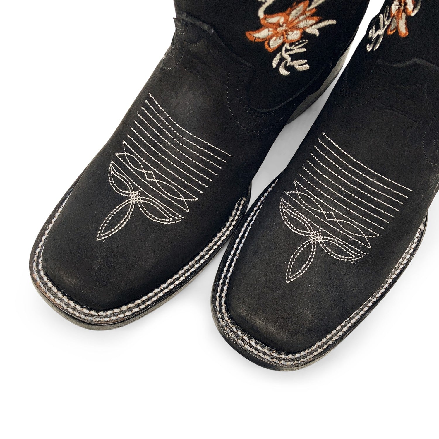 Women’s Western Cowgirl Boots – Leather Mid-Calf Square Toe Boots, Side Zipper Closure and Floral Embroidery