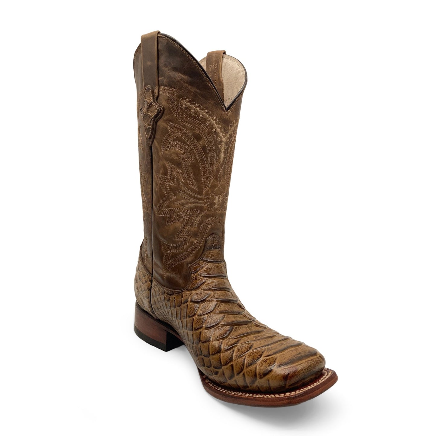 Men’s Leather Cowboy Boot Square Toe Embossed Python Print