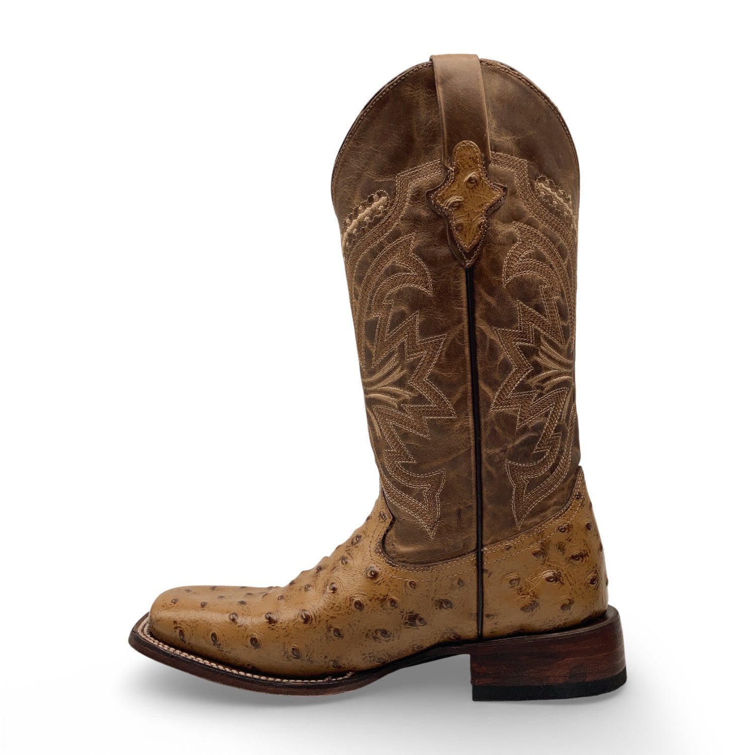 Men’s Leather Cowboy Boot Square Toe Embossed Ostrich Print Western Boot