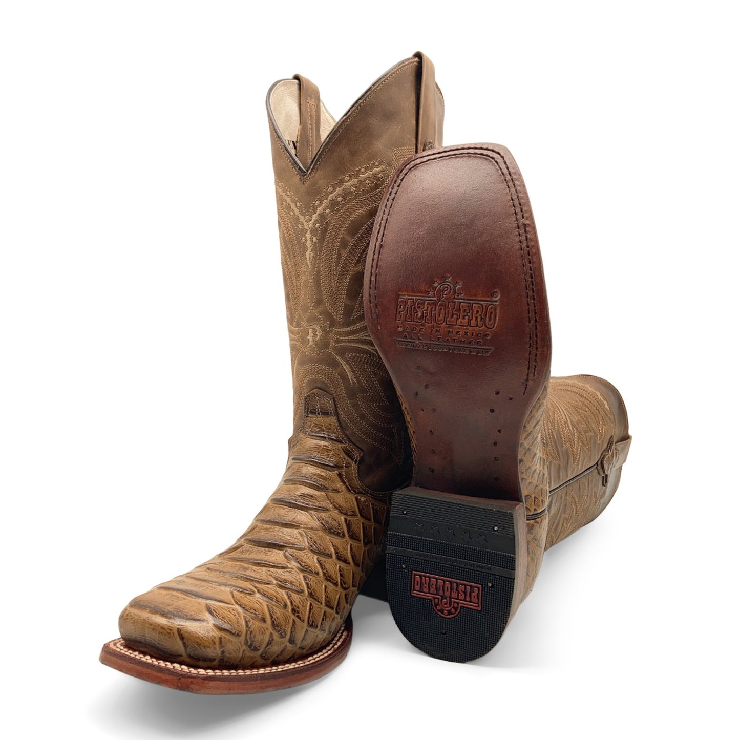 Men’s Leather Cowboy Boot Square Toe Embossed Python Print