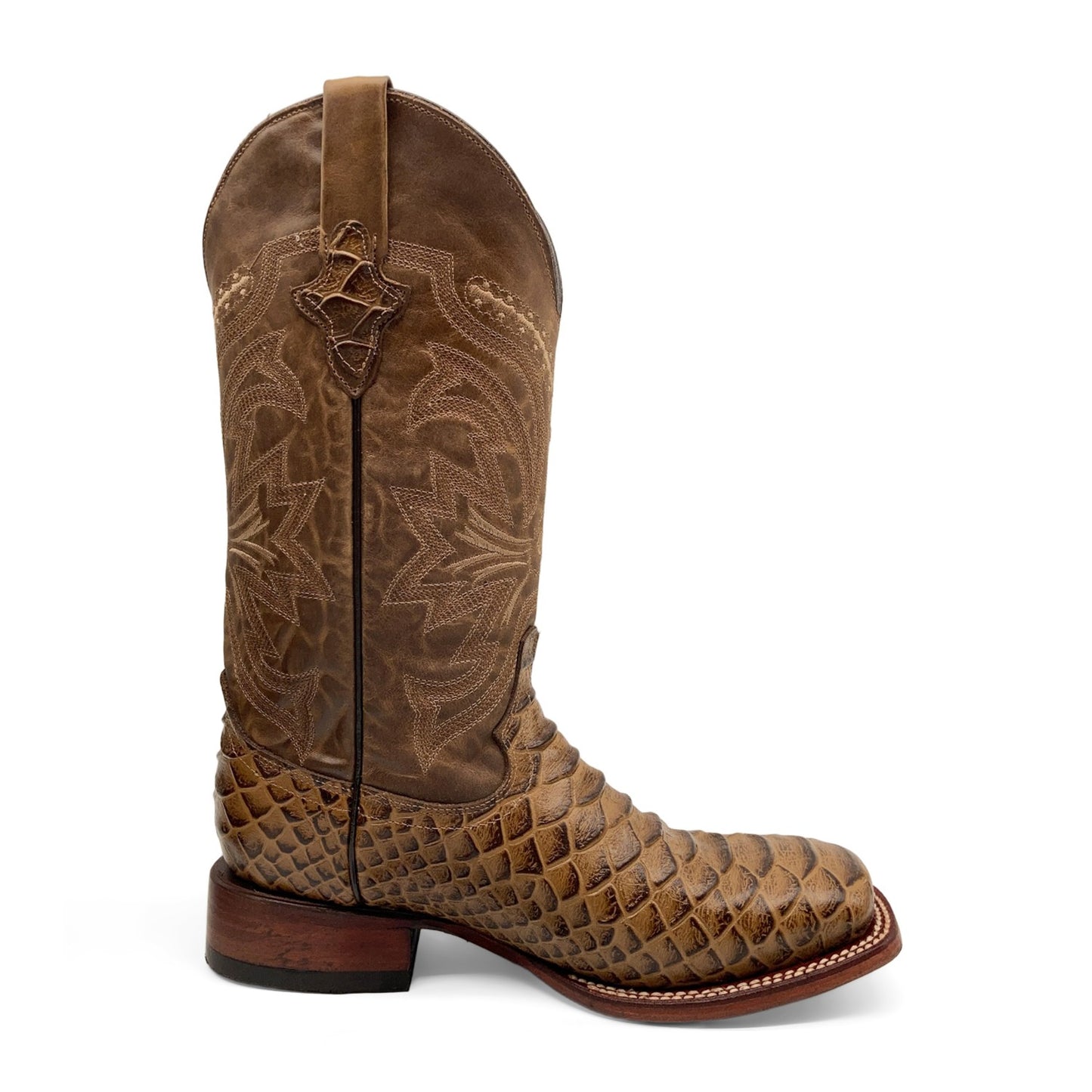 Men’s Leather Cowboy Boot Square Toe Embossed Python Print