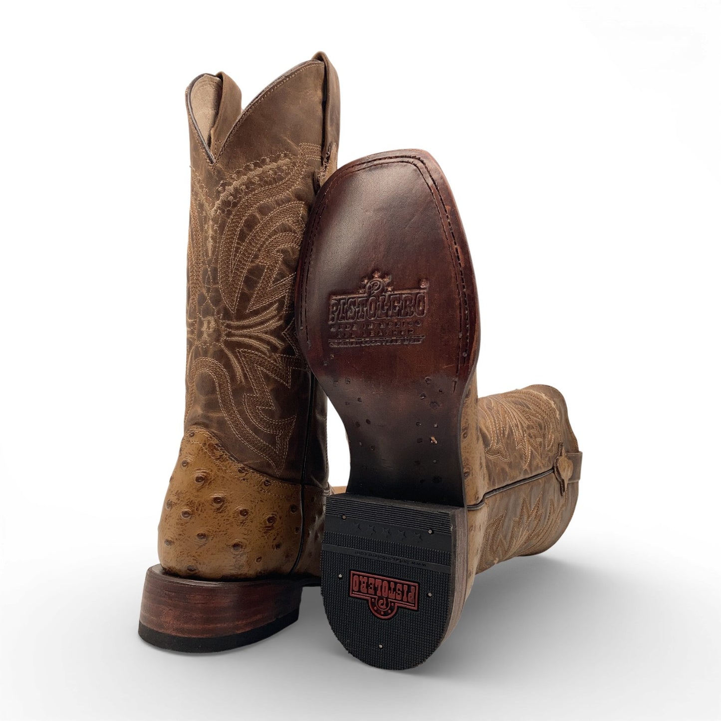 Men’s Leather Cowboy Boot Square Toe Embossed Ostrich Print Western Boot