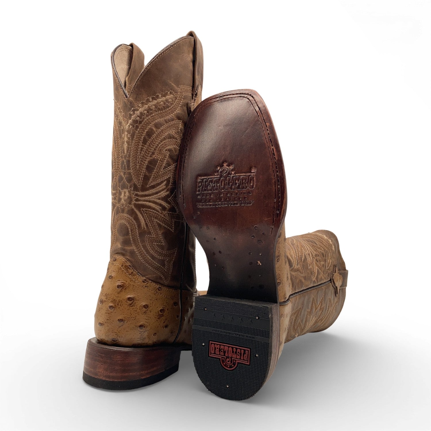 Men’s Leather Cowboy Boot Square Toe Embossed Ostrich Print Western Boot