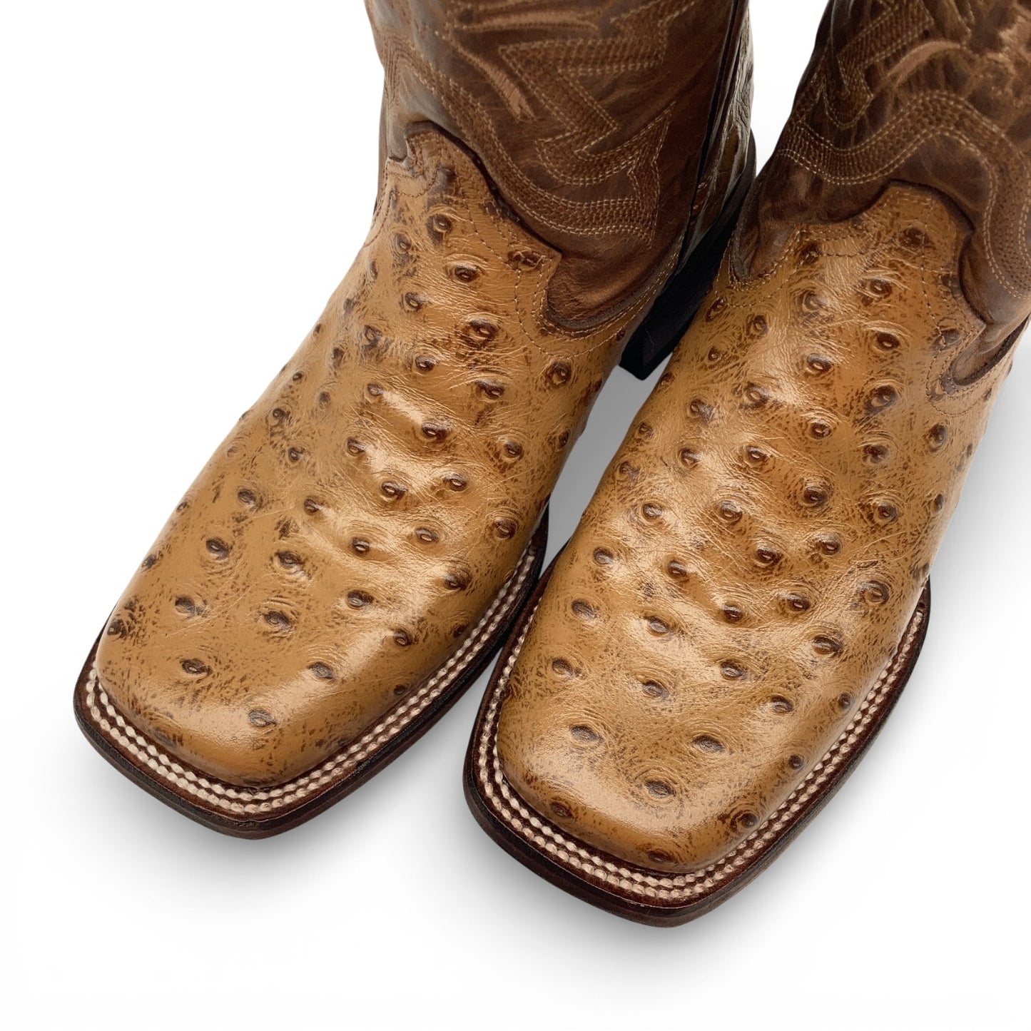 Men’s Leather Cowboy Boot Square Toe Embossed Ostrich Print Western Boot