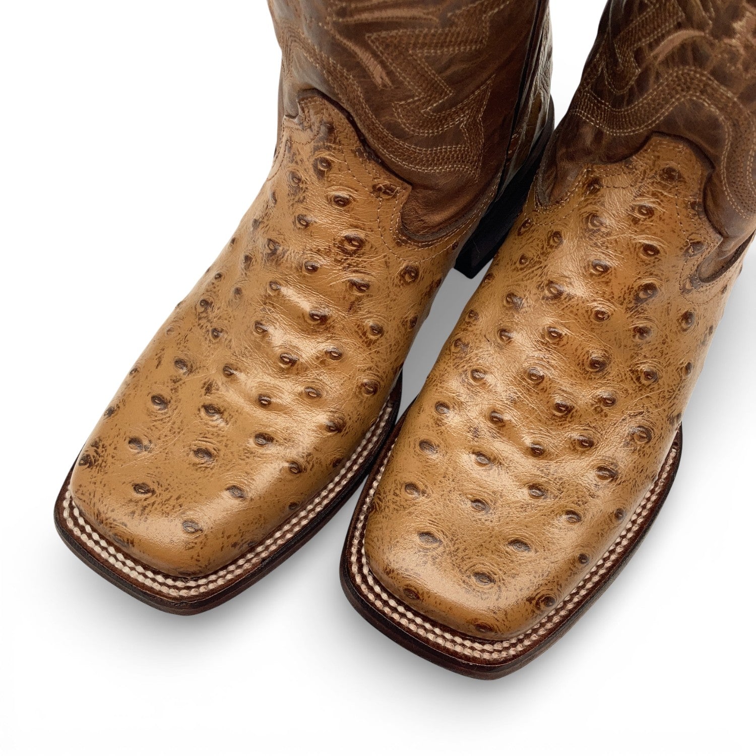 Men’s Leather Cowboy Boot Square Toe Embossed Ostrich Print Western Boot