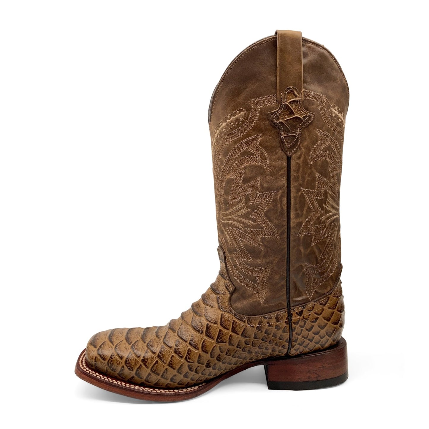 Men’s Leather Cowboy Boot Square Toe Embossed Python Print