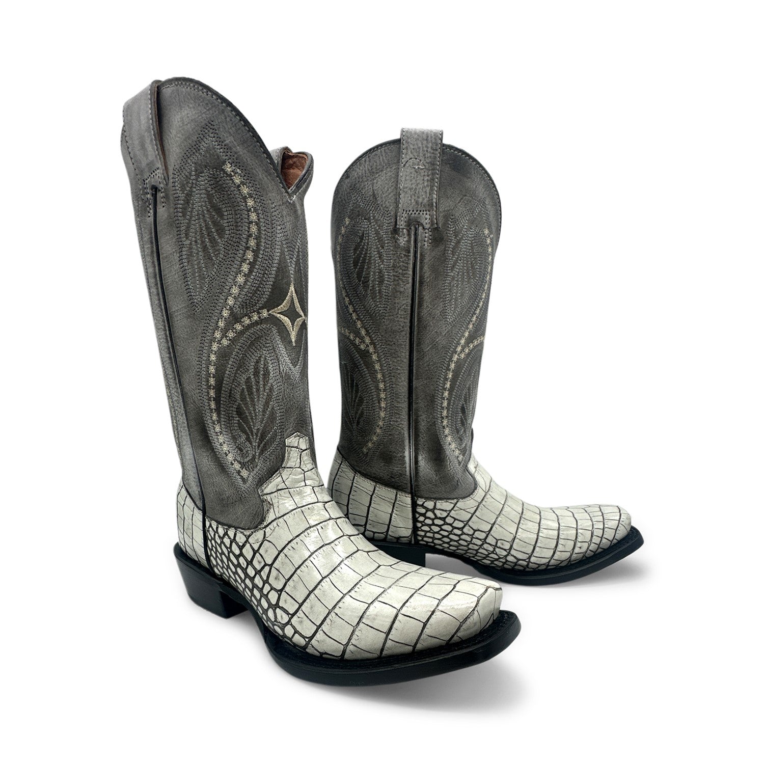 Women's Leather Square Toe Embossed Crocodile Alligator Print Boot