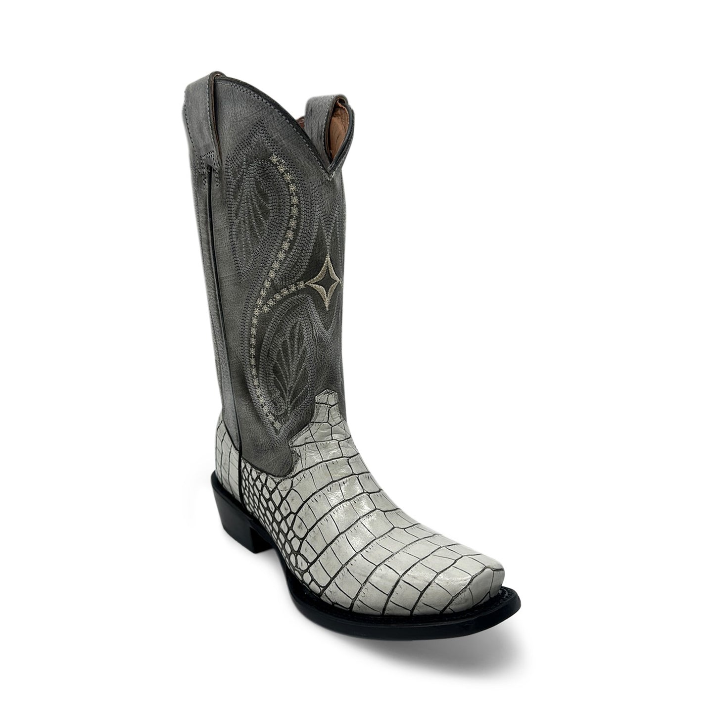 Women's Leather Square Toe Embossed Crocodile Alligator Print Boot