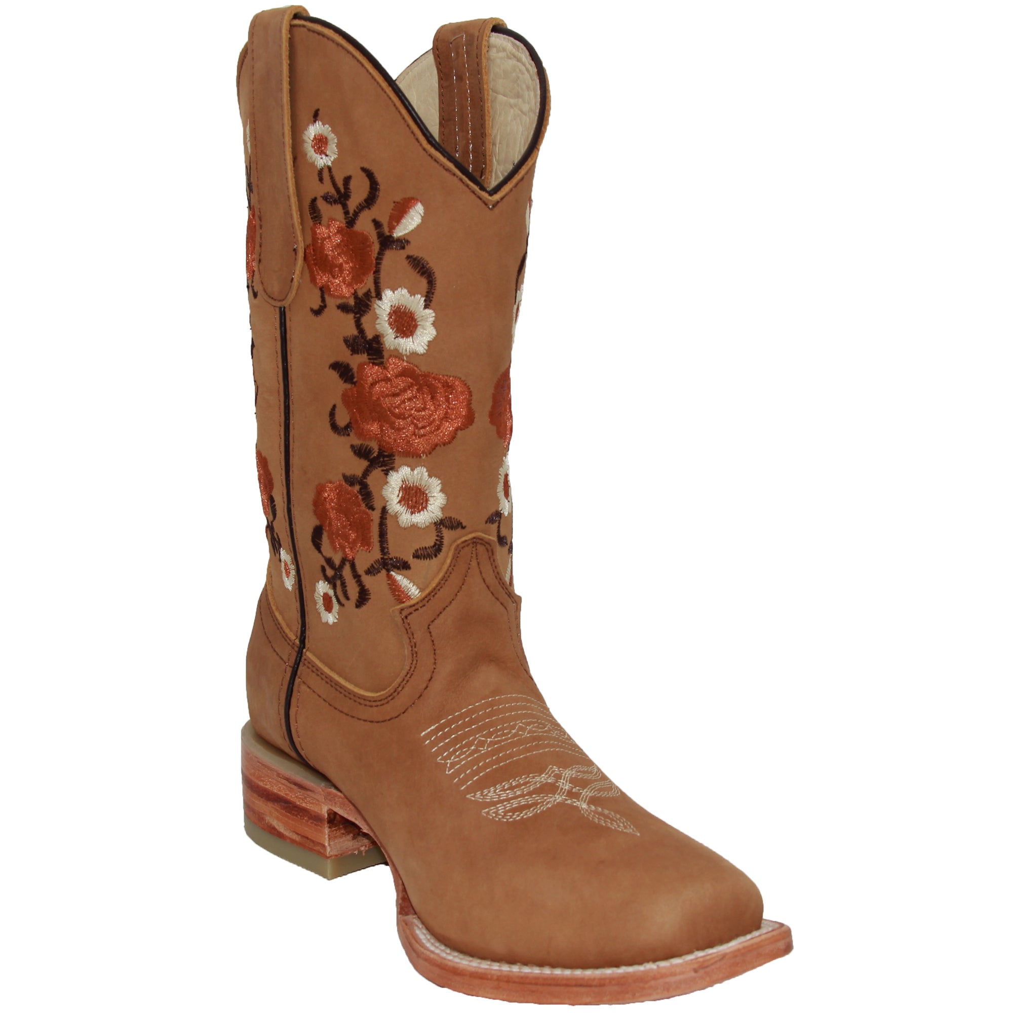 Women’s Square Toe Floral Embroidered Western Cowboy Leather Boots