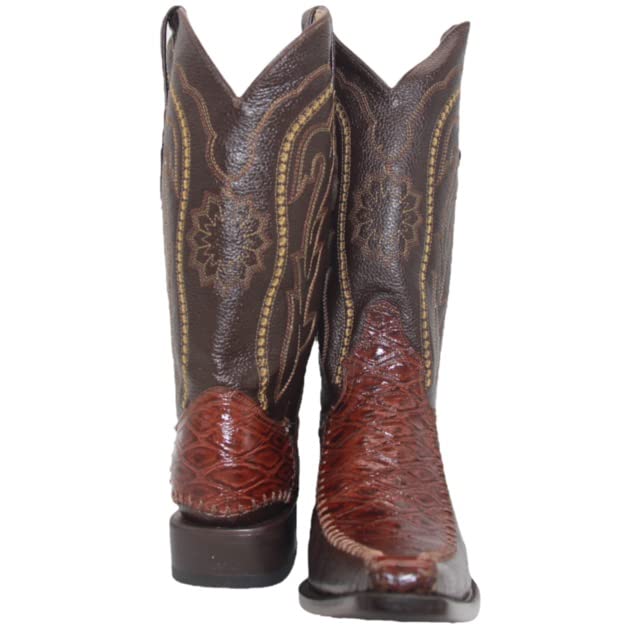 Men's Genuine Leather Square Point Toe Mid-Calf Exotic Print Dress Cowboy Boot-Brown