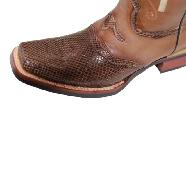 Men's Leather Snake Skin Print Square Toe Cowboy Boot