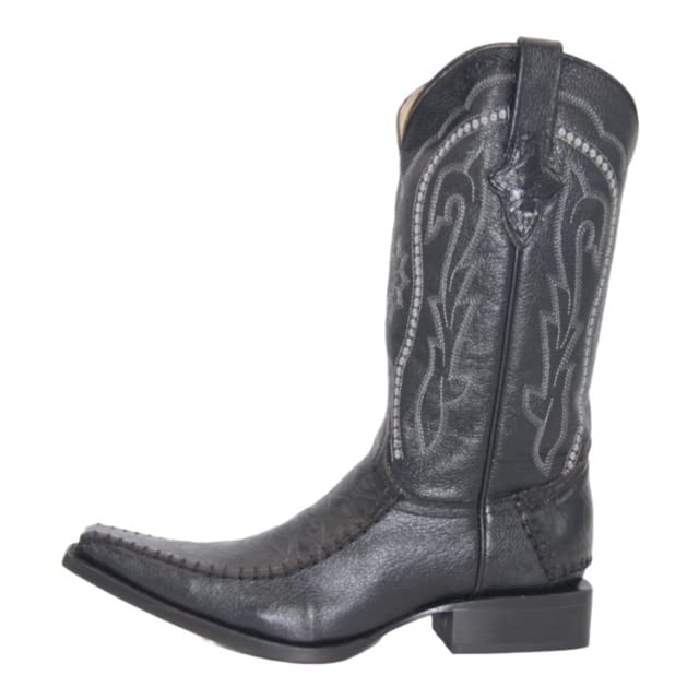 Men's Genuine Leather Square Point Toe Mid-Calf Exotic Print Dress Cowboy Boot-Brown