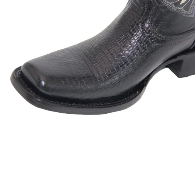 Men's Genuine Leather Lizard Print Black Cowboy Boot Square Toe Mid-Calf