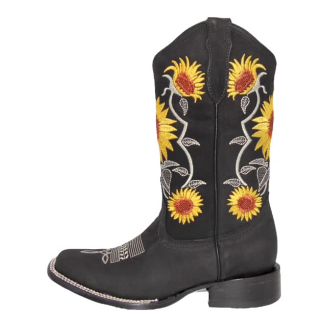 Women’s Square Toe Leather Cowgirl Cowboy Boot Sunflower Floral Embroidered Western Boots