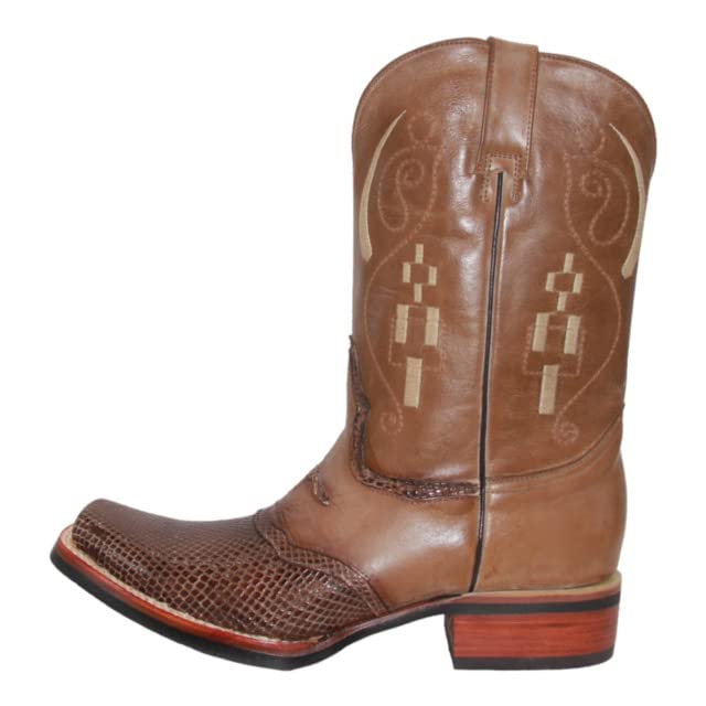 Men's Leather Snake Skin Print Square Toe Cowboy Boot