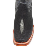 Men’s Leather Stingray Print Square Toe Black Cowboy Western Boot