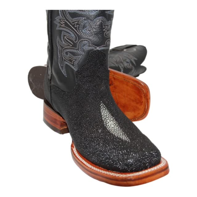 Men’s Leather Stingray Print Square Toe Black Cowboy Western Boot