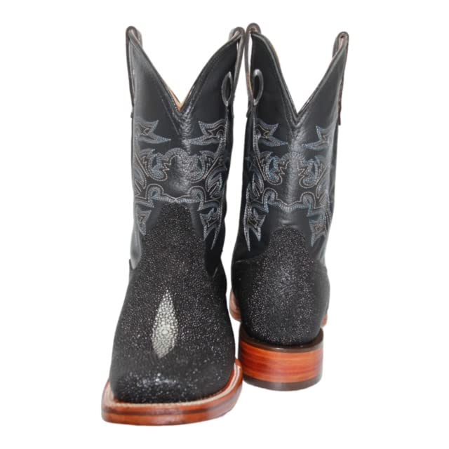 Men’s Leather Stingray Print Square Toe Black Cowboy Western Boot