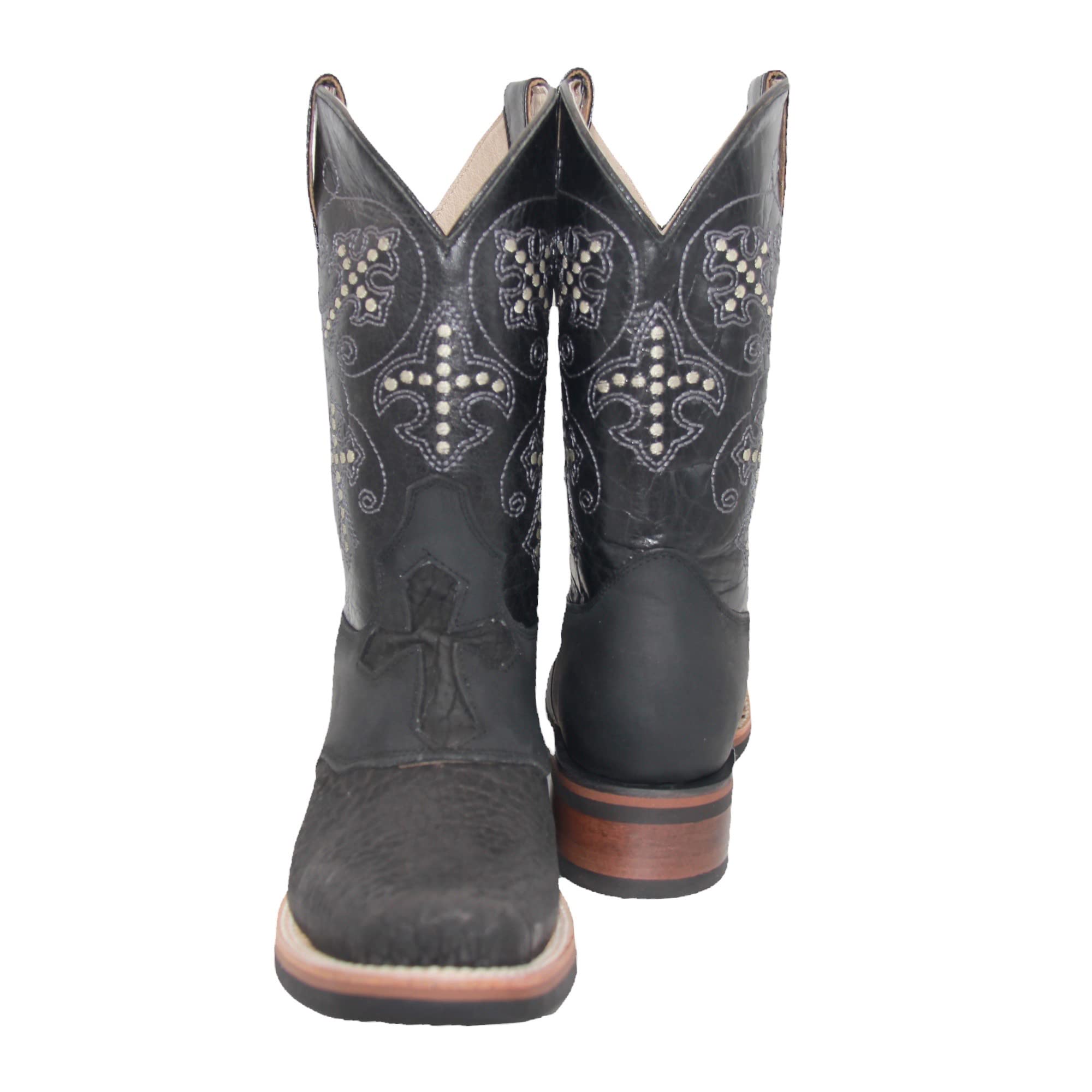 Men’s Genuine Leather Square Toe Cross Embroidered Mid-Calf Cowboy Western Boot