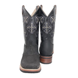 Men’s Leather Square Toe Cross Embroidered Mid Calf Black Boot