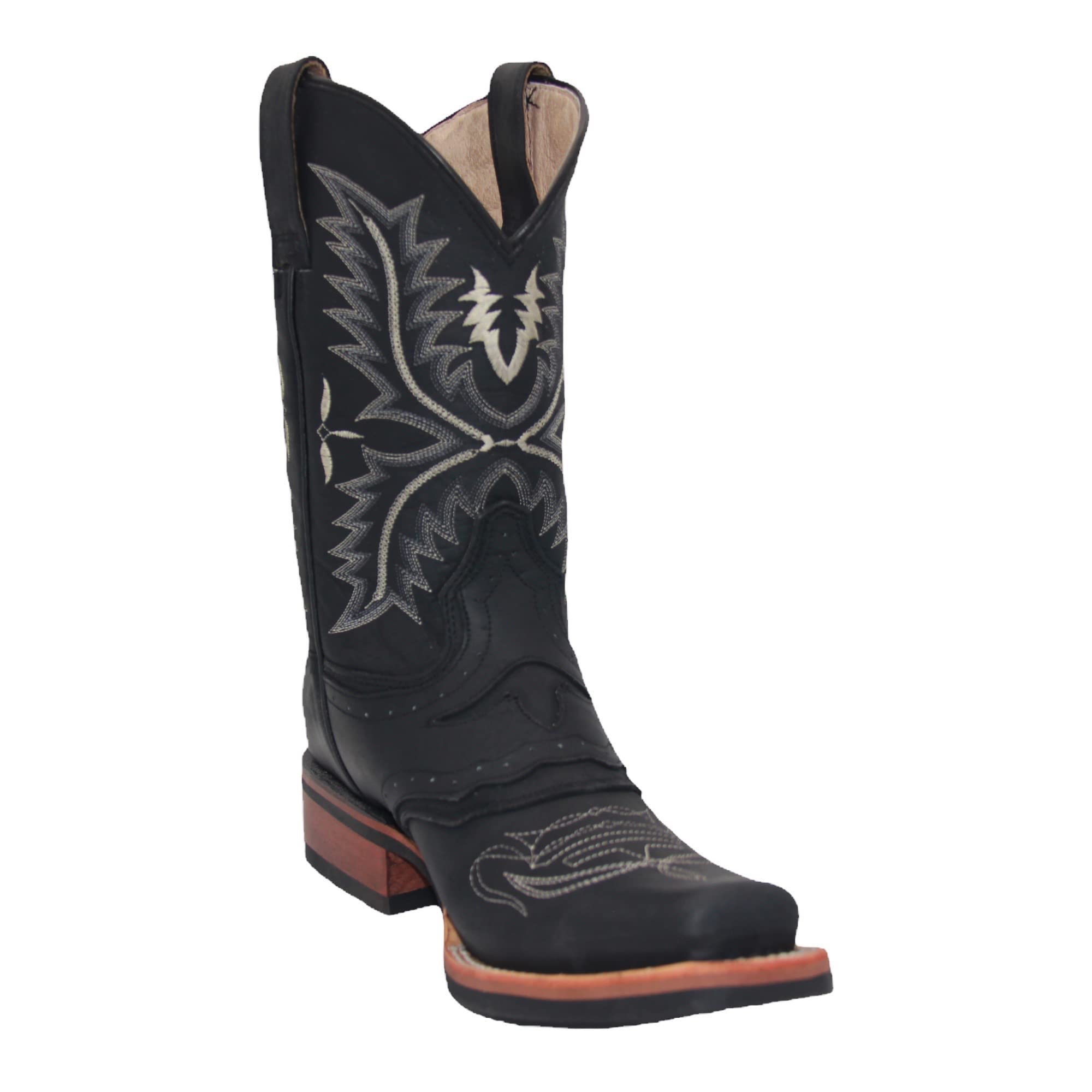 Men’s Black Genuine Leather Mid-Calf Square Toe Cowboy Boot