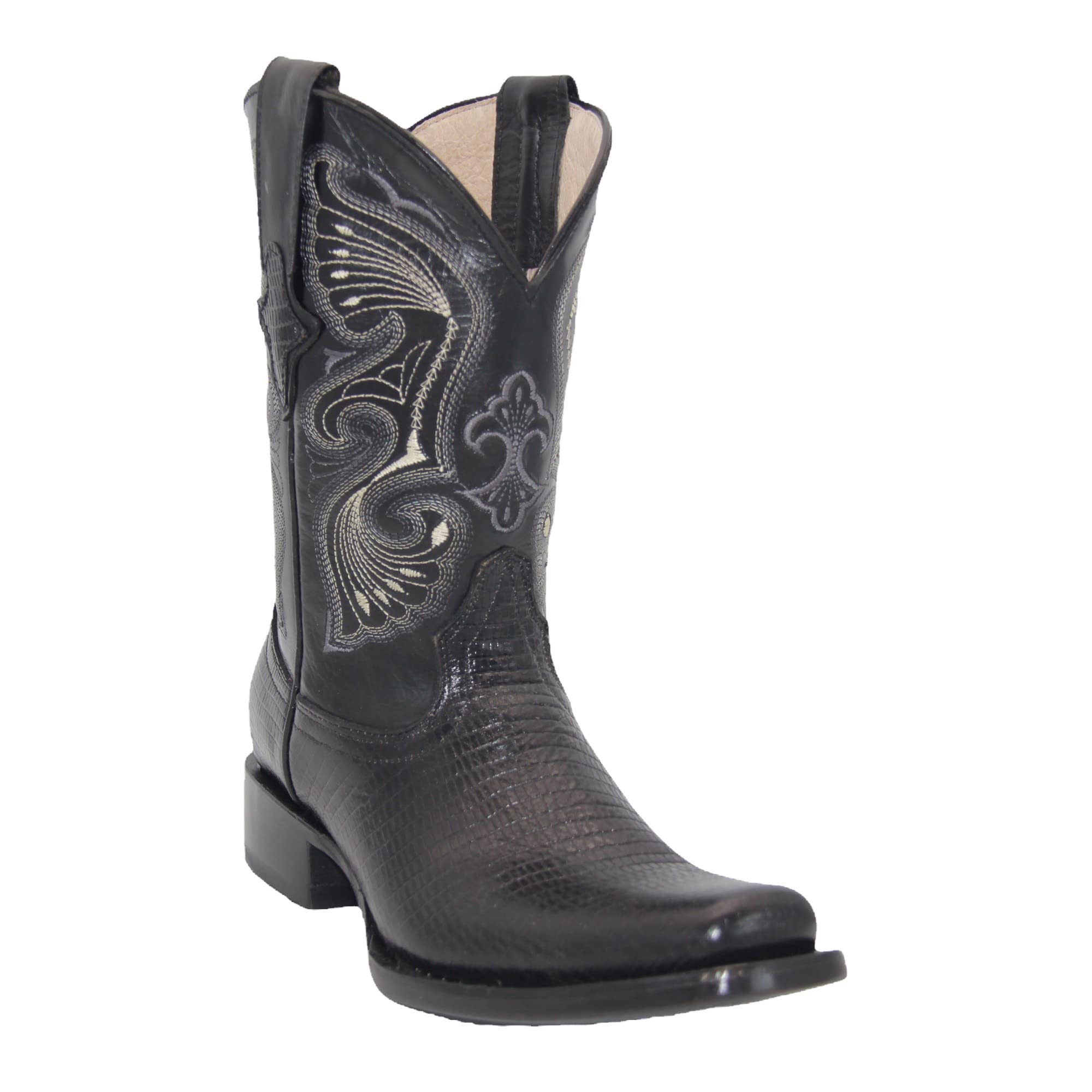 Men's Genuine Leather Lizard Print Black Cowboy Boot Square Toe Mid-Calf