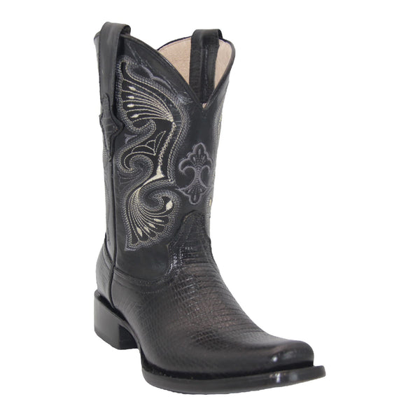 Men's Genuine Leather Lizard Print Black Mid-Calf Cowboy Boot Square Toe