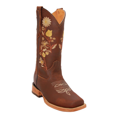 Women’s Genuine Leather Brown Cowgirl Cowboy Boot Floral Embroidered Square Toe Western Boot