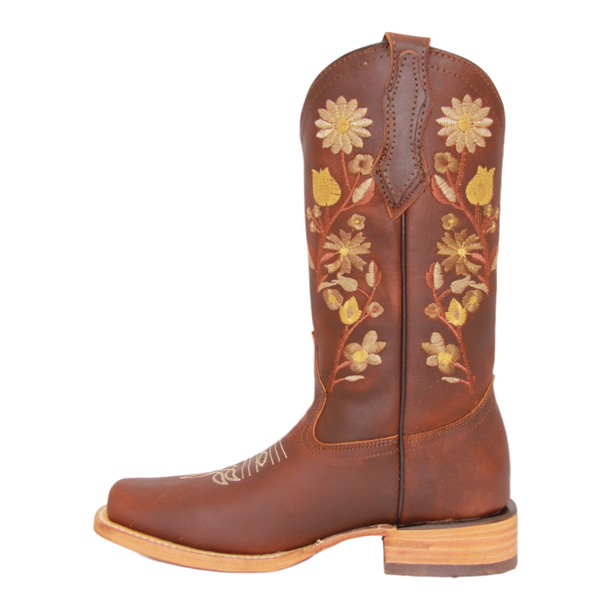 Women’s Genuine Leather Brown Cowgirl Cowboy Boot Floral Embroidered Square Toe Western Boot