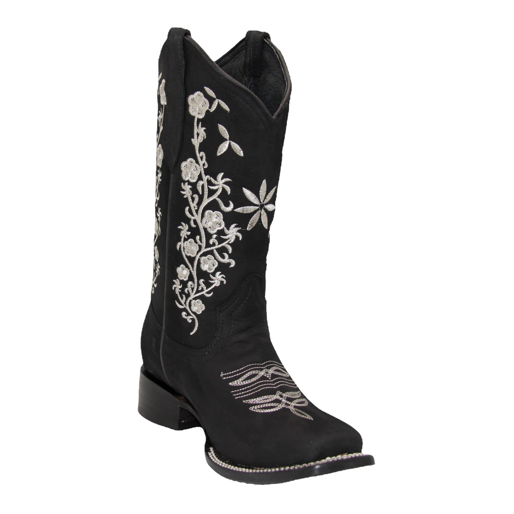 Women's Floral Embroidery Cowgirl Square Toe Boots ( Black ) – El