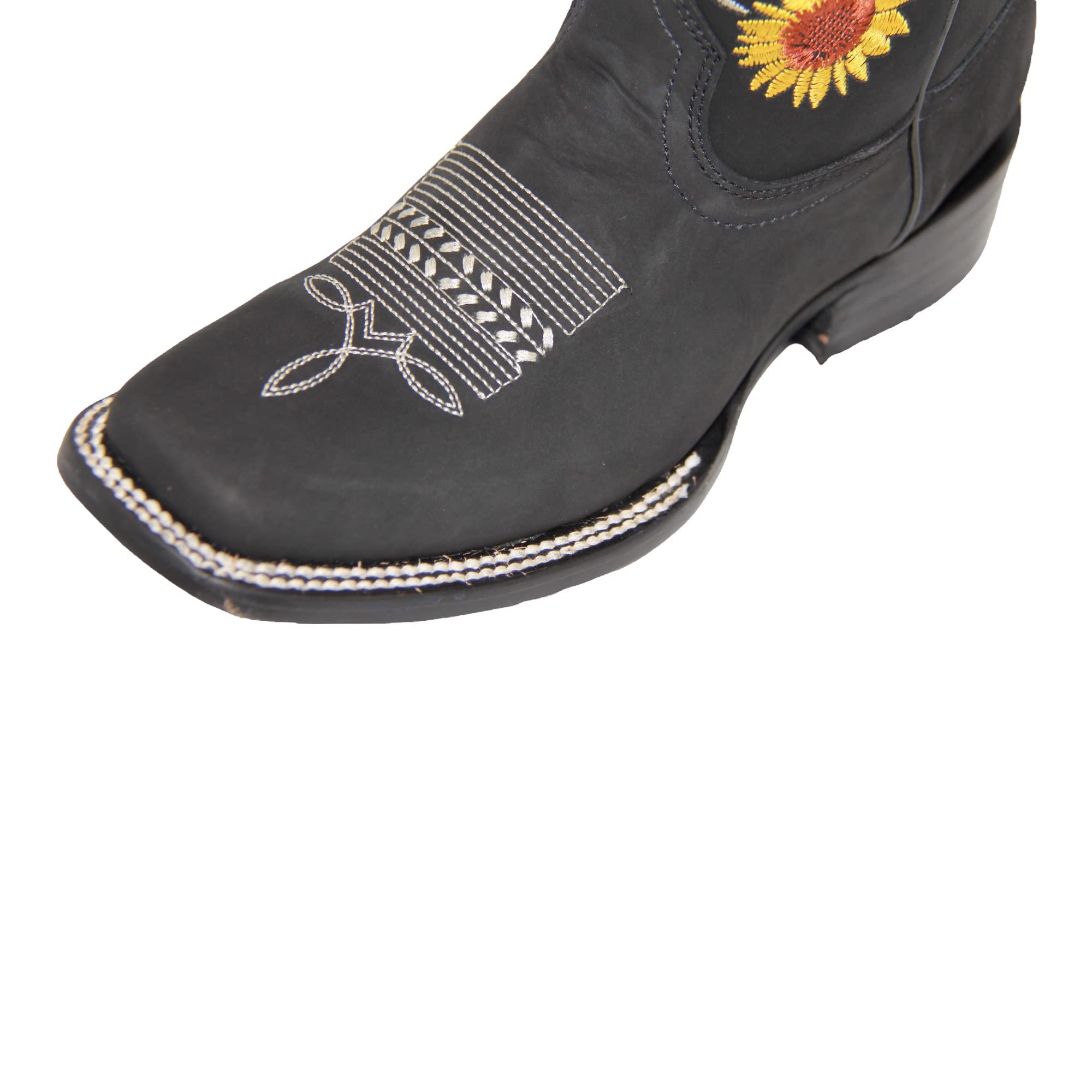 Women’s Square Toe Leather Cowgirl Cowboy Boot Sunflower Floral Embroidered Western Boots