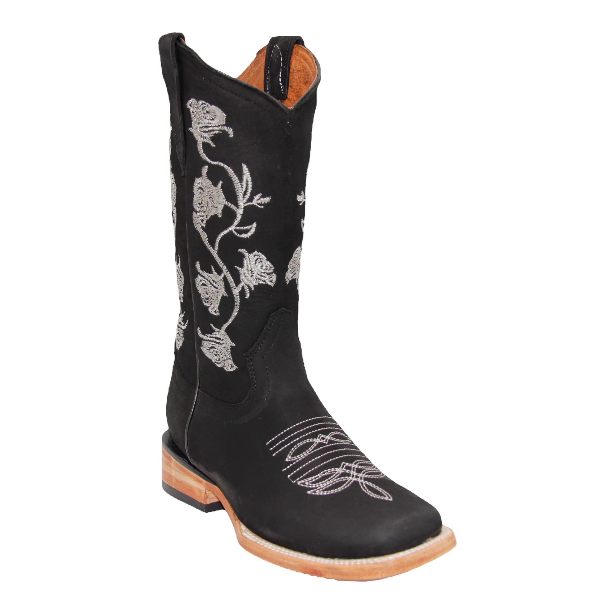 Women’s Square Toe Cowgirl Cowboy Boot Embroidered Floral Roses Western Boots Black