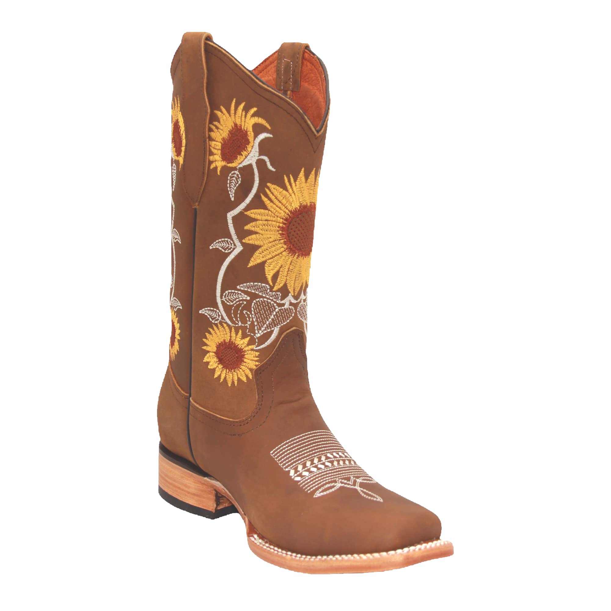 Women’s Square Toe Leather Cowgirl Cowboy Boot Sunflower Floral Embroidered Western Boots