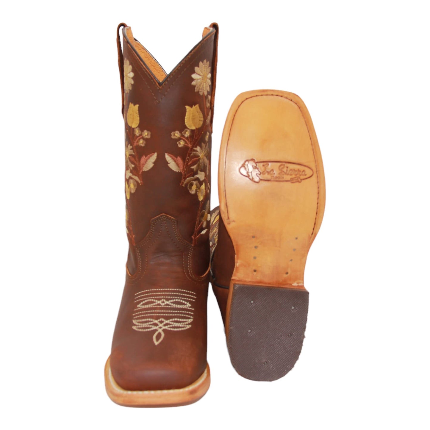 Women’s Brown Leather Floral Square Toe Western Boot